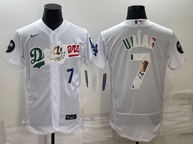 Men's Los Angeles Dodgers #7 Julio Ur??as White With Vin Scully Patch Flex Base Stitched Jersey